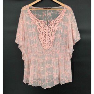 HeartSoul Womens Sheer Lace Mesh Boho Chic Blouse 2X Petal Pink Bohemian Coastal